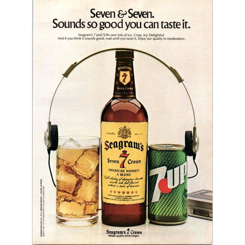 1981 Seagram's 7 Seven Crown Whiskey Vintage Print Ad 7up Sony Walkman Wall Art